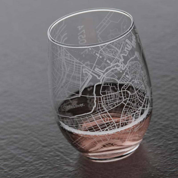 Boston MA Map Stemless Wine Glass
