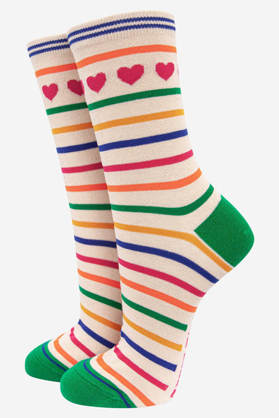Women's Heart and Stripe Print Bamboo Socks