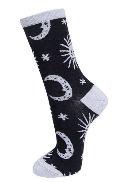 Womens Black Glitter Socks Silver Moon Star Sparkly Sock